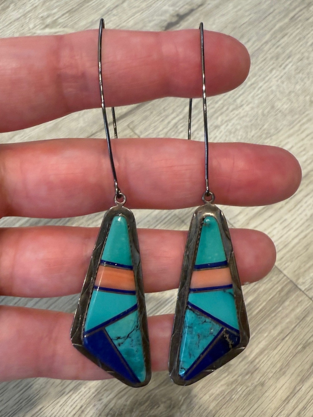 Vintage Zuni Inlay Multi Stone Dangle Earrings Sterling Silver Native American